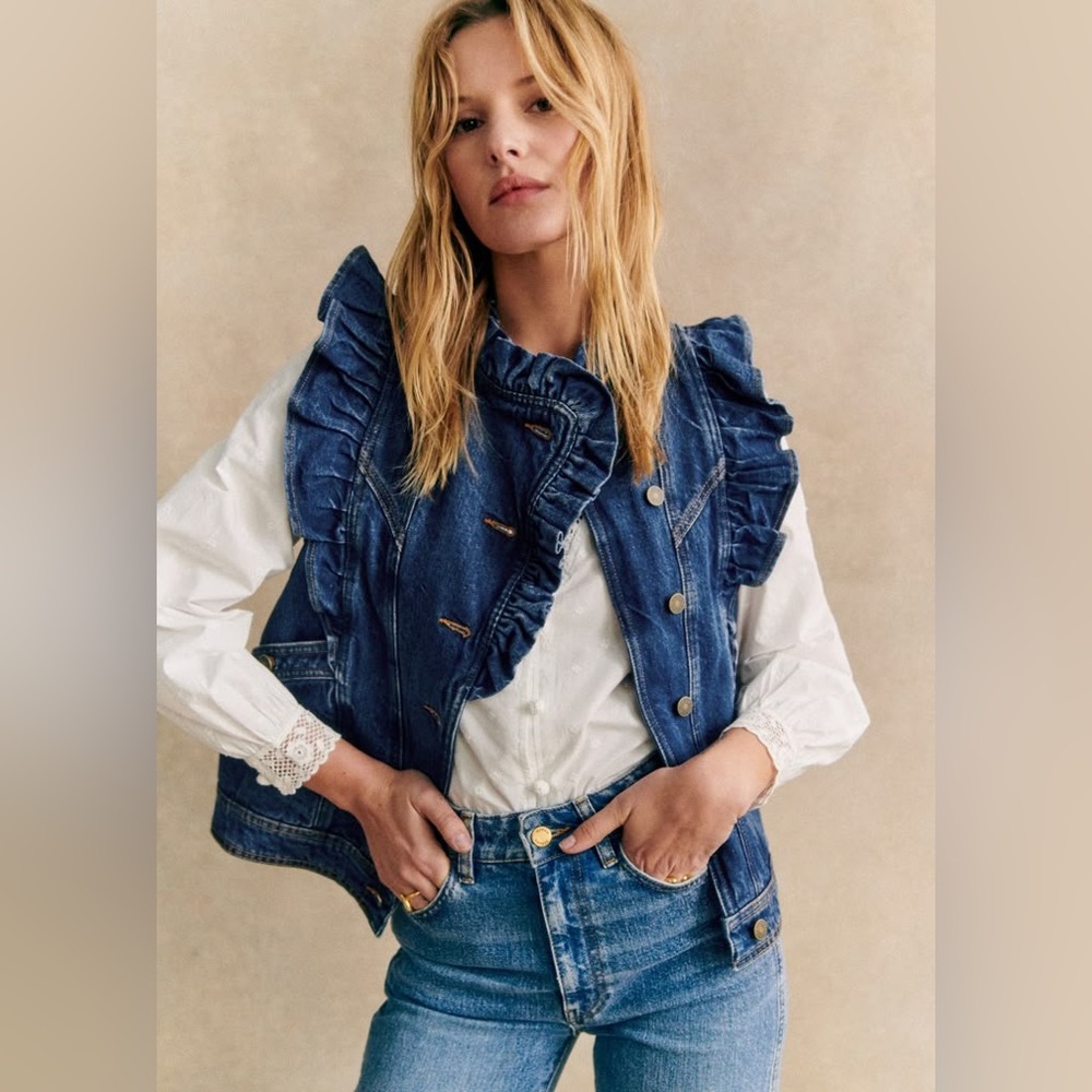 Sezane Denim Ruffled Jean Vest in Dark Blue